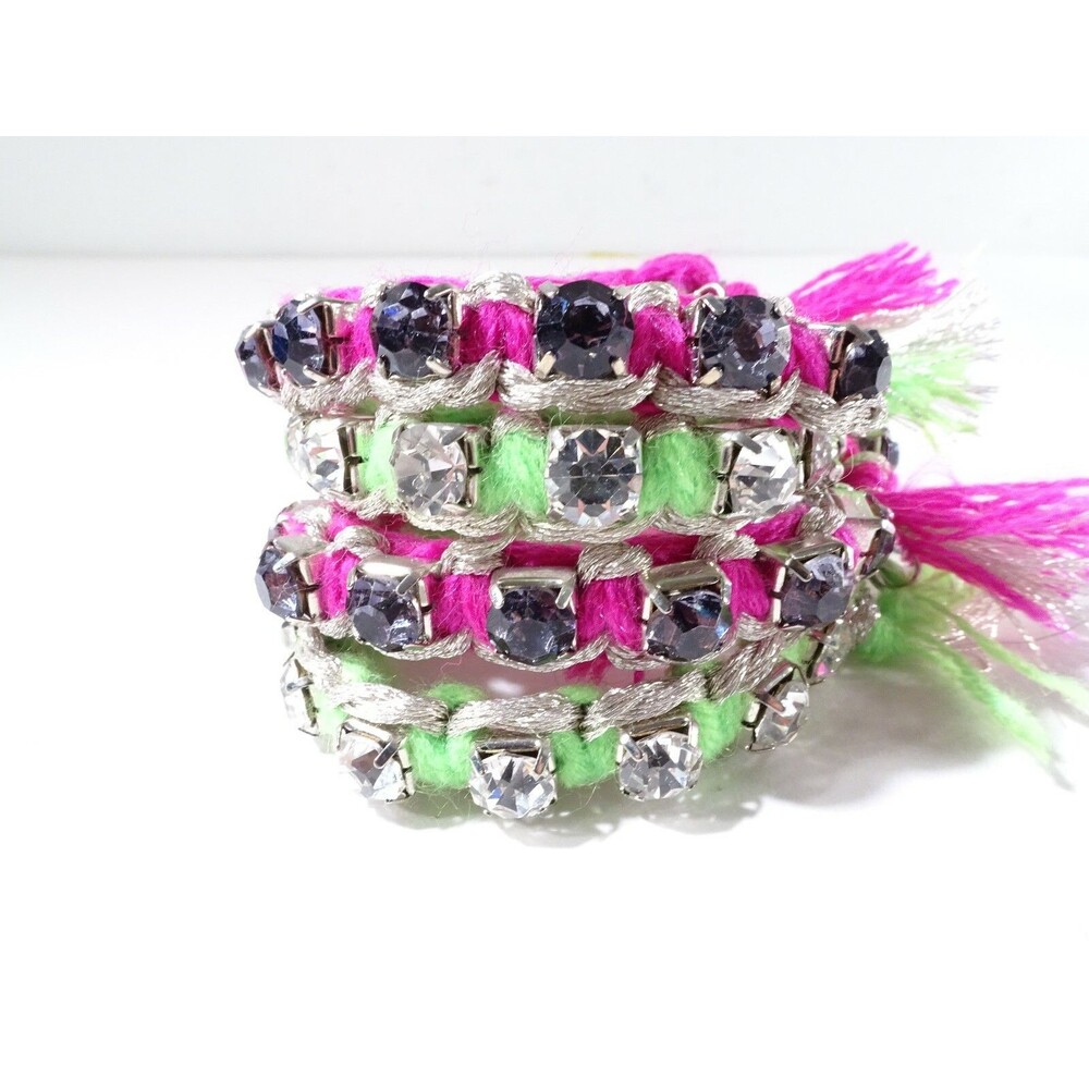 Gap Women's Candy Crush Neon Pink Green Silver Tassel Crystal Bracelet Set of 4